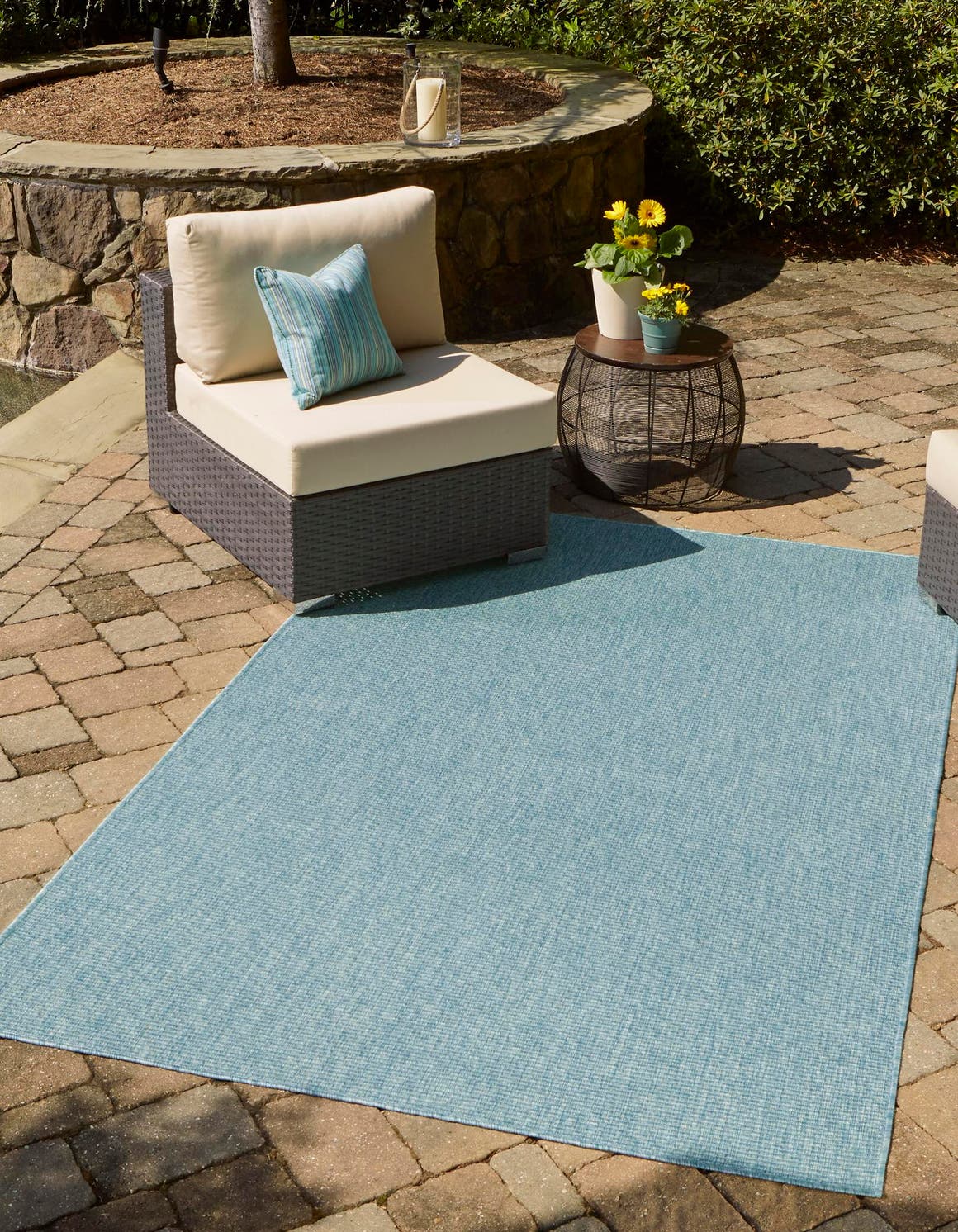 Aquamarine 7' 10 x 11' Outdoor Solid Rectangle Area Rug Weather Resistant for Patio, Deck, Terrace, Balcony, Porch 100% Polypropylene Minimalist Waterproof Carpet for Sale at Rug Engine