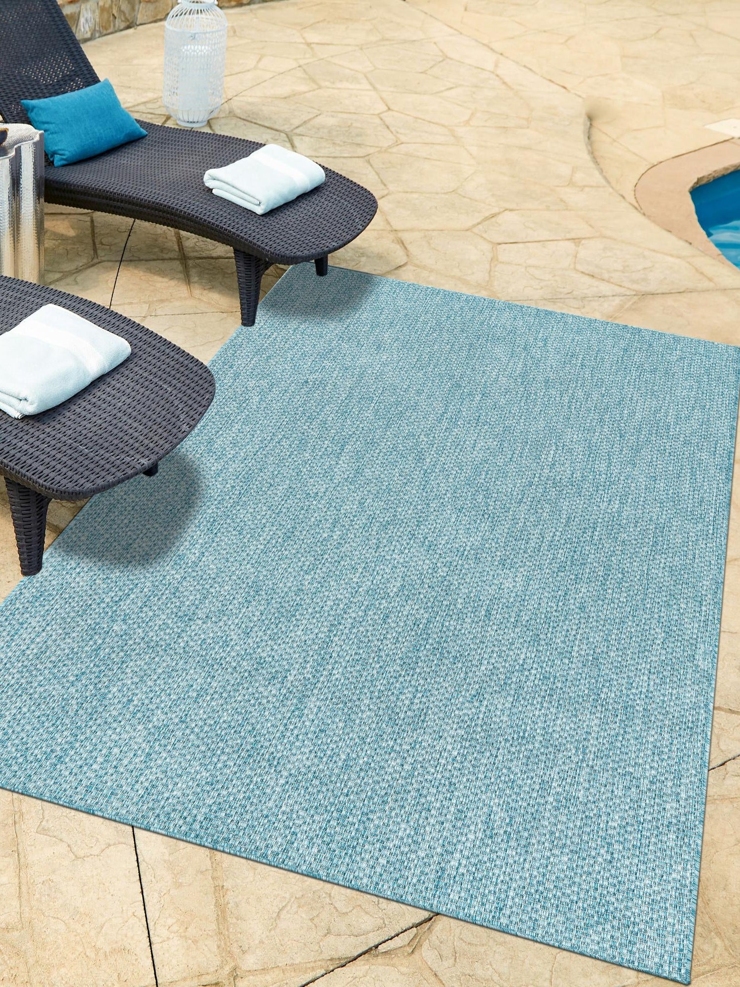 Aquamarine 7' 1 x 10' Outdoor Solid Rectangle Area Rug Weather Resistant for Patio, Deck, Terrace, Balcony, Porch 100% Polypropylene Minimalist Waterproof Carpet for Sale at Rug Engine