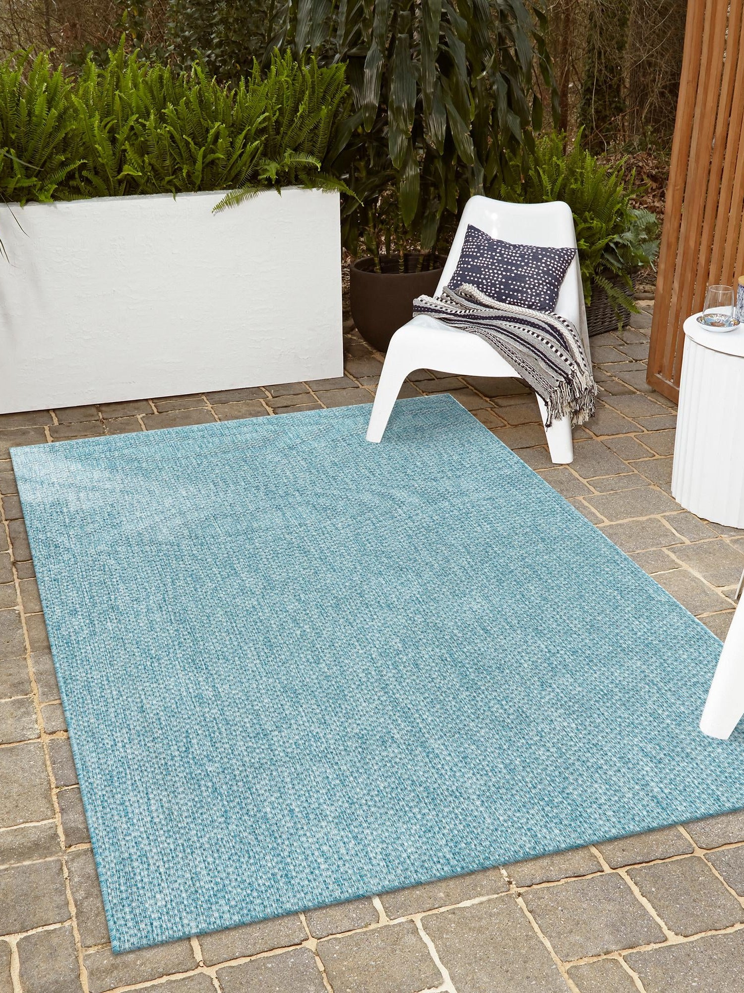Aquamarine 7' 1 x 10' Outdoor Solid Rectangle Area Rug Weather Resistant for Patio, Deck, Terrace, Balcony, Porch 100% Polypropylene Minimalist Waterproof Carpet for Sale at Rug Engine