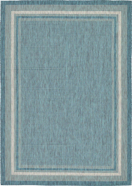 Teal 7' 10 x 11' Outdoor Border Rectangle Area Rug Weather Resistant for Patio, Deck, Terrace, Balcony, Porch