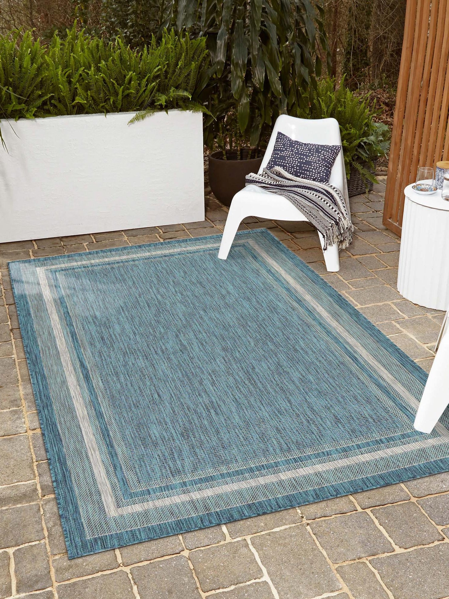 Teal 10' x 13' 1 Outdoor Border Rectangle Area Rug Weather Resistant for Patio, Deck, Terrace, Balcony, Porch 100% Polypropylene Classic Bordered Carpet for Sale at Rug Engine