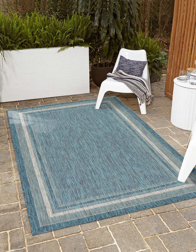 Teal 5' 3 x 8' Outdoor Border Rectangle Area Rug Weather Resistant for Patio, Deck, Terrace, Balcony, Porch 100% Polypropylene Classic Bordered Carpet for Sale at Rug Engine
