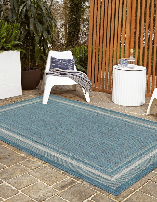 Teal 9' x 12' Outdoor Border Rectangle Area Rug Weather Resistant for Patio, Deck, Terrace, Balcony, Porch 100% Polypropylene Classic Bordered Carpet for Sale at Rug Engine