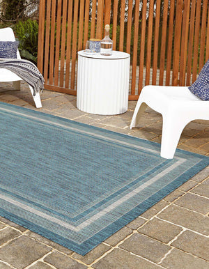 Teal 10' x 14' 1 Outdoor Border Rectangle Area Rug Weather Resistant for Patio, Deck, Terrace, Balcony, Porch 100% Polypropylene Classic Bordered Carpet for Sale at Rug Engine
