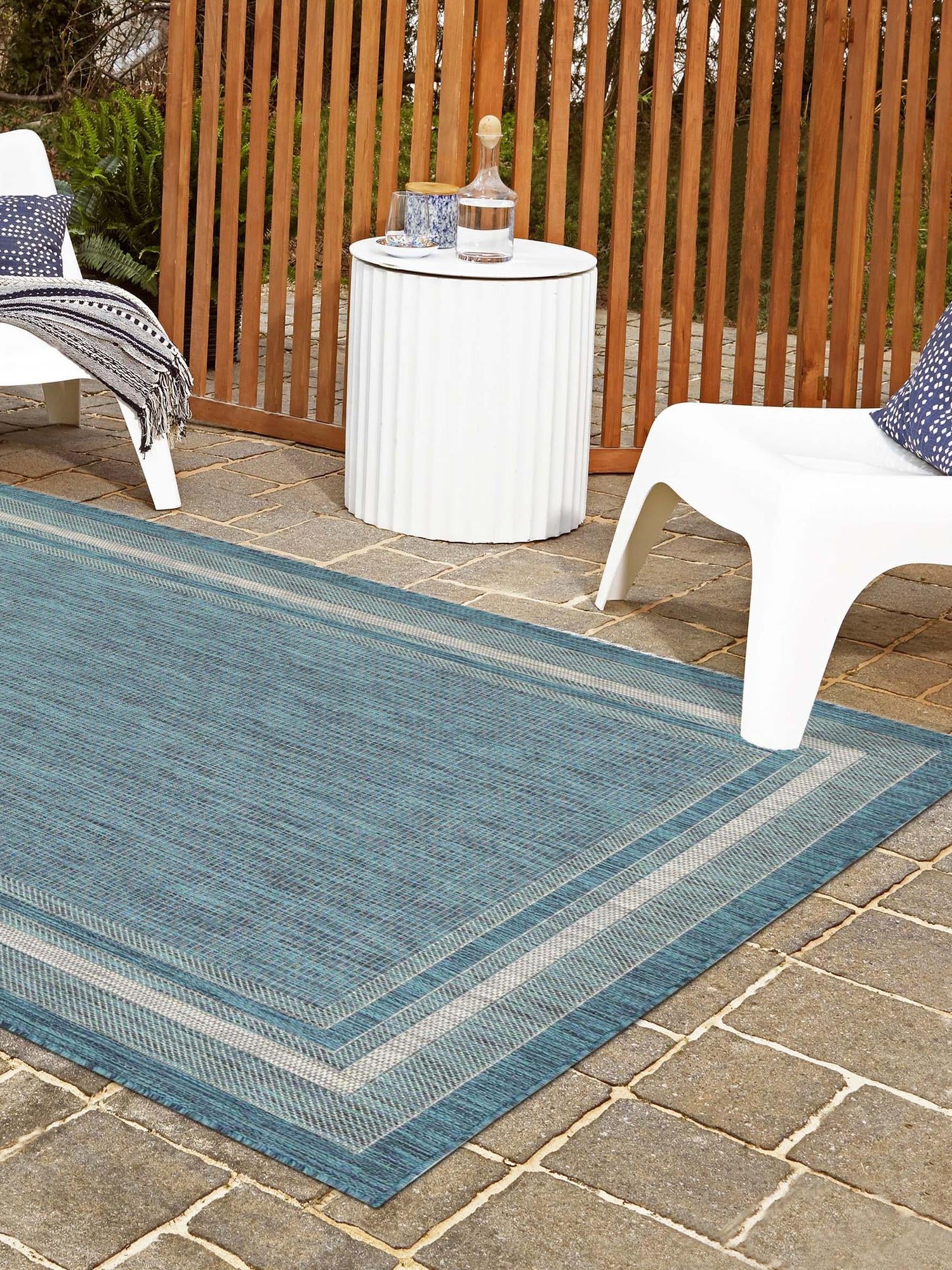 Teal 10' x 13' 1 Outdoor Border Rectangle Area Rug Weather Resistant for Patio, Deck, Terrace, Balcony, Porch 100% Polypropylene Classic Bordered Carpet for Sale at Rug Engine