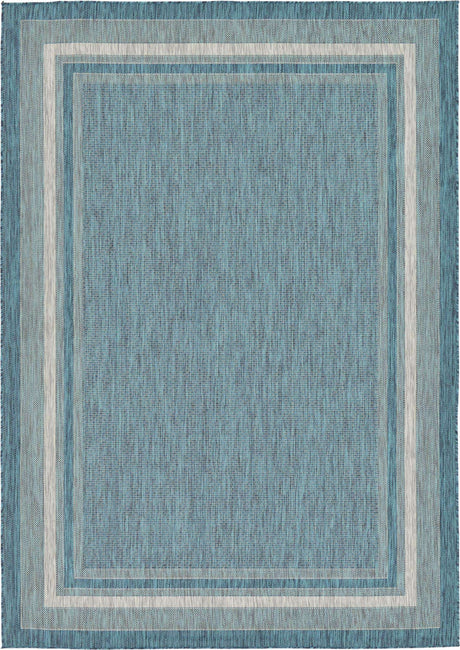 Teal 7' 1 x 10' Outdoor Border Rectangle Area Rug Weather Resistant for Patio, Deck, Terrace, Balcony, Porch