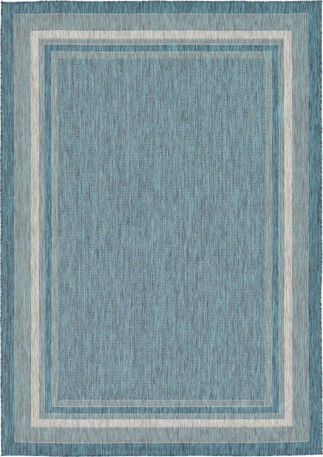 Teal 7' 1 x 10' Outdoor Border Rectangle Area Rug Weather Resistant for Patio, Deck, Terrace, Balcony, Porch