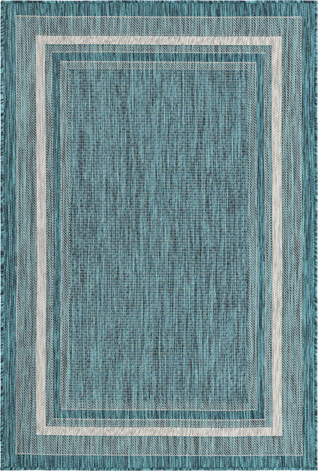 Teal 4' 1 x 6' 1 Outdoor Border Rectangle Area Rug Weather Resistant for Patio, Deck, Terrace, Balcony, Porch