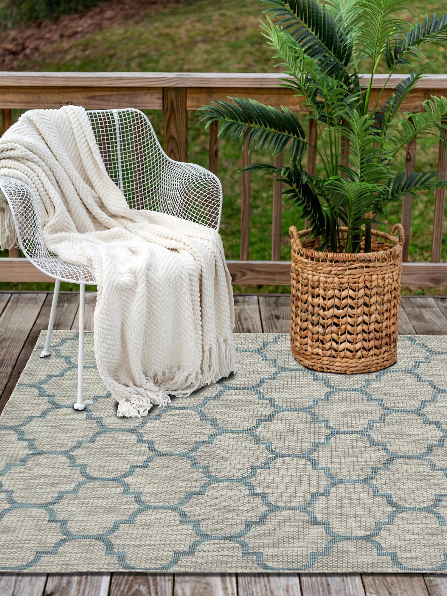 Gray 5' 3 x 8' Outdoor Trellis Rectangle Area Rug Weather Resistant for Patio, Deck, Terrace, Balcony, Porch Geometric Design Water Safe Outside Carpet for Sale at Rug Engine