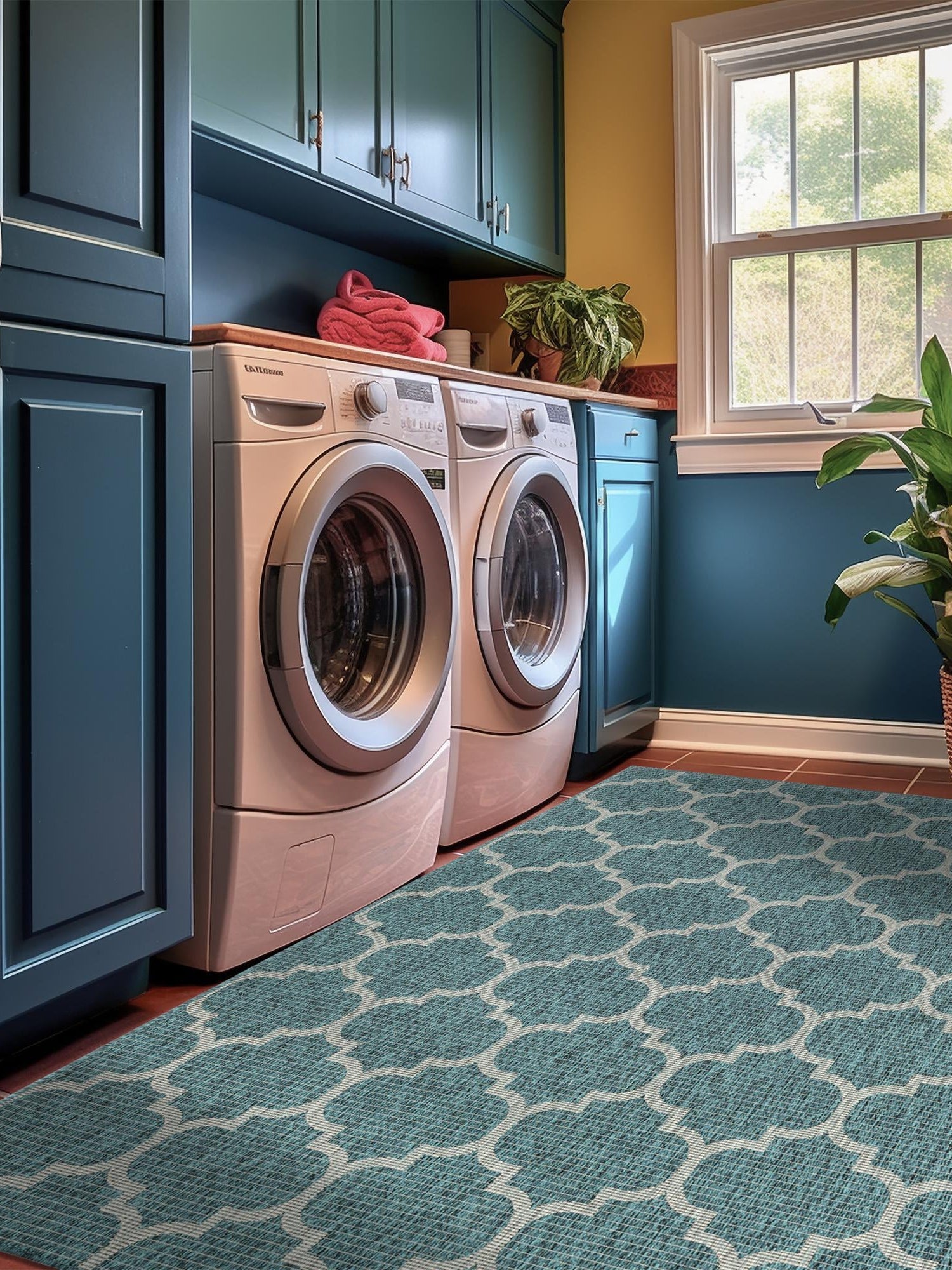 Teal 6' 1 x 9' Outdoor Trellis Rectangle Area Rug Weather Resistant for Patio, Deck, Terrace, Balcony, Porch Geometric Design Water Safe Outside Carpet for Sale at Rug Engine