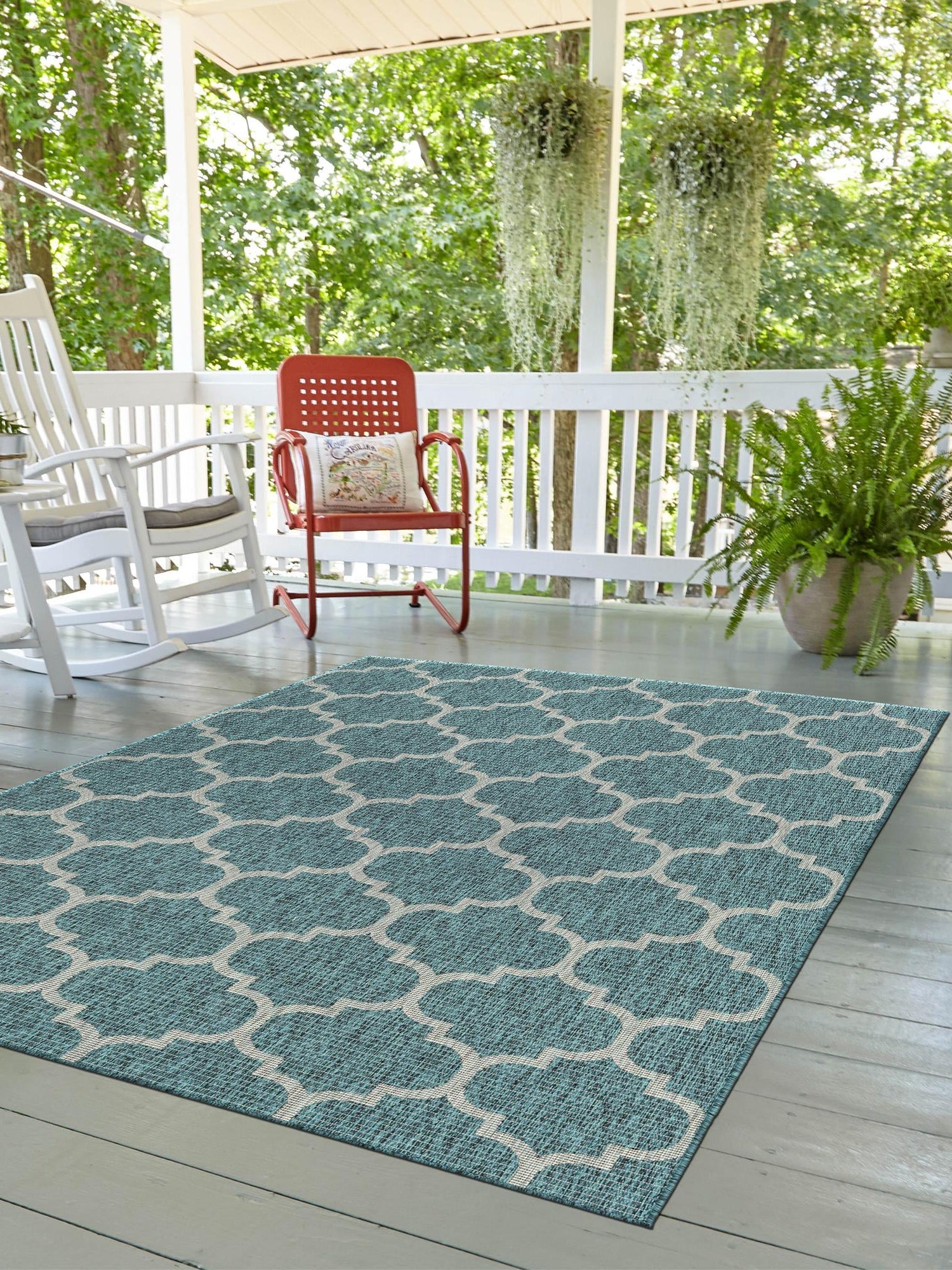 Teal 6' 1 x 9' Outdoor Trellis Rectangle Area Rug Weather Resistant for Patio, Deck, Terrace, Balcony, Porch Geometric Design Water Safe Outside Carpet for Sale at Rug Engine