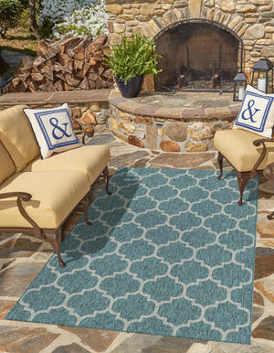 Teal 5' 3 x 7' 1 Outdoor Trellis Rectangle Area Rug Weather Resistant for Patio, Deck, Terrace, Balcony, Porch Geometric Design Water Safe Outside Carpet for Sale at Rug Engine