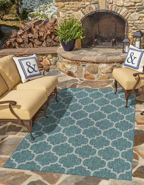 Teal 5' 3 x 7' 1 Outdoor Trellis Rectangle Area Rug Weather Resistant for Patio, Deck, Terrace, Balcony, Porch Geometric Design Water Safe Outside Carpet for Sale at Rug Engine