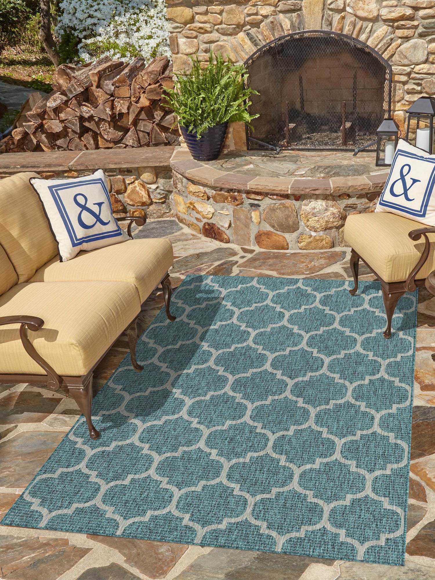 Teal 6' 1 x 9' Outdoor Trellis Rectangle Area Rug Weather Resistant for Patio, Deck, Terrace, Balcony, Porch Geometric Design Water Safe Outside Carpet for Sale at Rug Engine