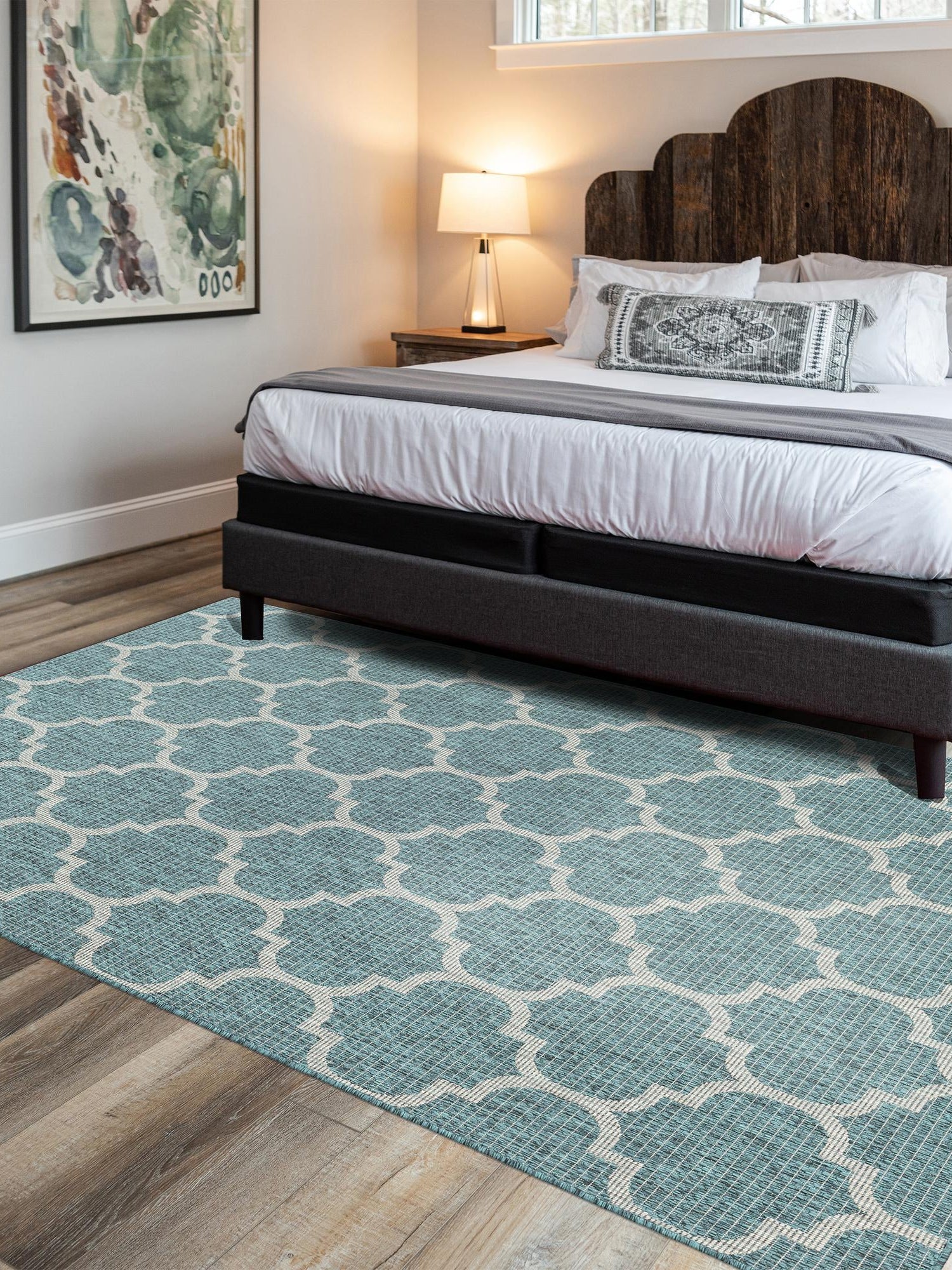 Teal 6' 1 x 9' Outdoor Trellis Rectangle Area Rug Weather Resistant for Patio, Deck, Terrace, Balcony, Porch Geometric Design Water Safe Outside Carpet for Sale at Rug Engine