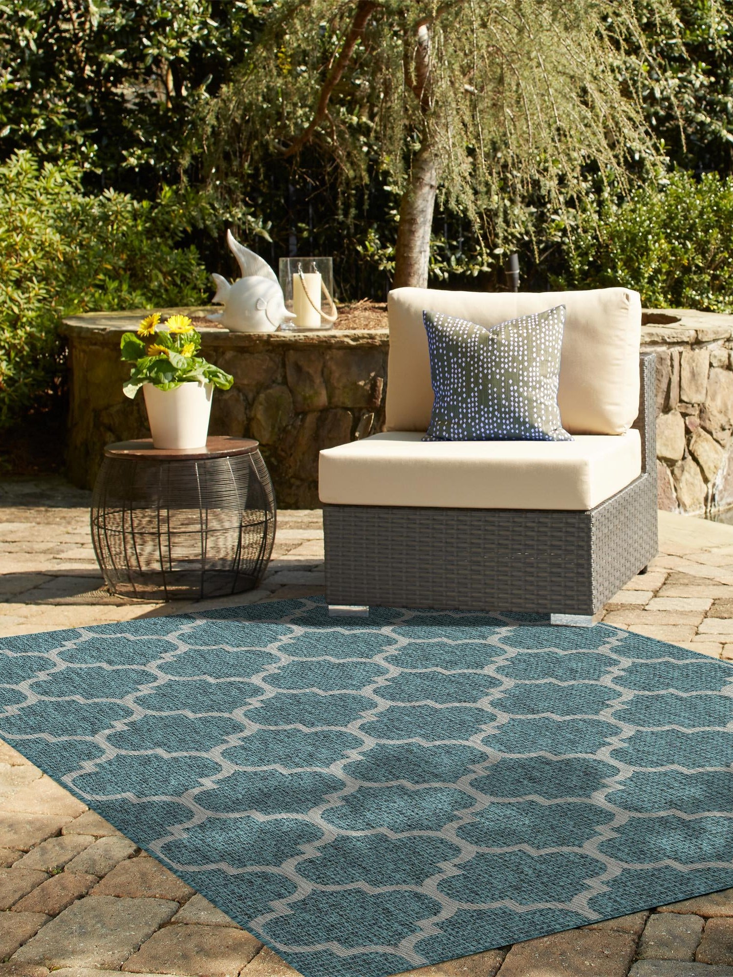 Teal 6' 1 x 9' Outdoor Trellis Rectangle Area Rug Weather Resistant for Patio, Deck, Terrace, Balcony, Porch Geometric Design Water Safe Outside Carpet for Sale at Rug Engine