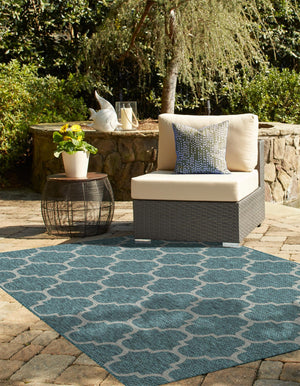 Teal 7' 10 x 10' Outdoor Trellis Rectangle Area Rug Weather Resistant for Patio, Deck, Terrace, Balcony, Porch Geometric Design Water Safe Outside Carpet for Sale at Rug Engine