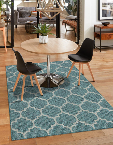 Teal 5' 3 x 7' 1 Outdoor Trellis Rectangle Area Rug Weather Resistant for Patio, Deck, Terrace, Balcony, Porch Geometric Design Water Safe Outside Carpet for Sale at Rug Engine