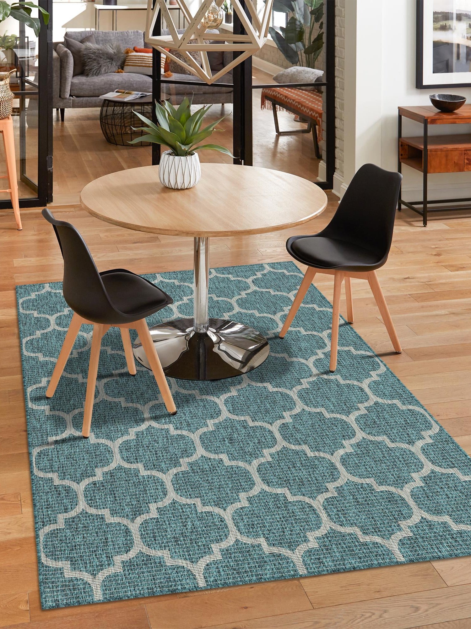 Teal 2' x 3' 1 Outdoor Trellis Rectangle Area Rug Weather Resistant for Patio, Deck, Terrace, Balcony, Porch Geometric Design Water Safe Outside Carpet for Sale at Rug Engine