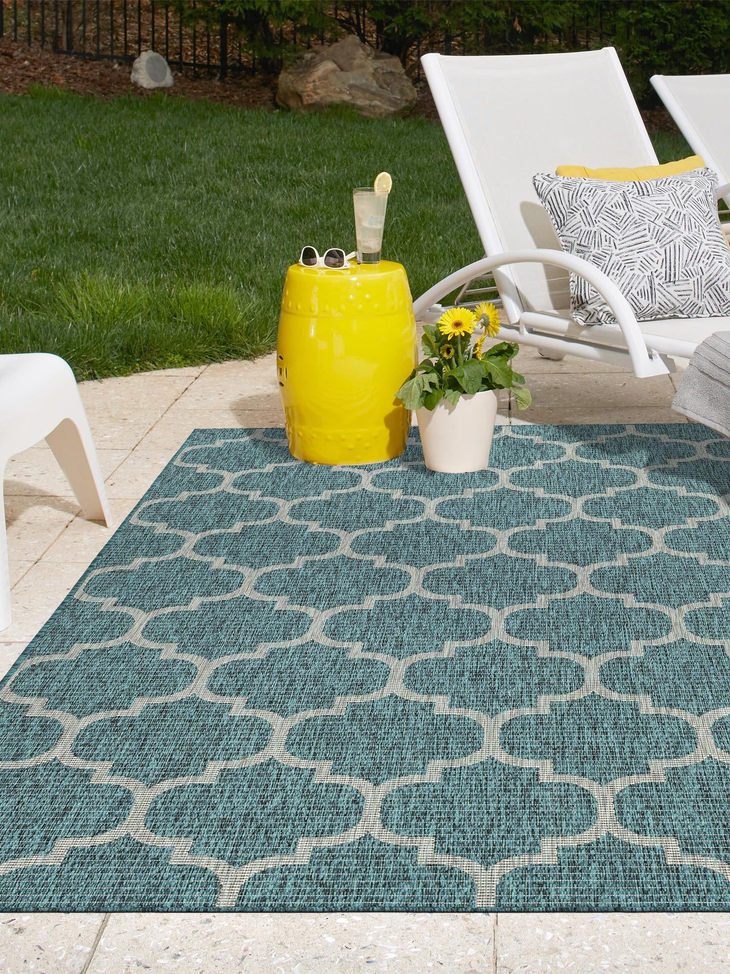 Teal 10' x 14' 1 Outdoor Trellis Rectangle Area Rug Weather Resistant for Patio, Deck, Terrace, Balcony, Porch Geometric Design Water Safe Outside Carpet for Sale at Rug Engine