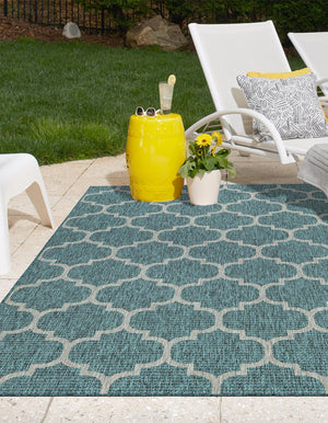 Teal 10' x 14' 1 Outdoor Trellis Rectangle Area Rug Weather Resistant for Patio, Deck, Terrace, Balcony, Porch Geometric Design Water Safe Outside Carpet for Sale at Rug Engine