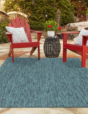 Teal 7' 1 x 10' Outdoor Solid Rectangle Area Rug Weather Resistant for Patio, Deck, Terrace, Balcony, Porch 100% Polypropylene Minimalist Waterproof Carpet for Sale at Rug Engine
