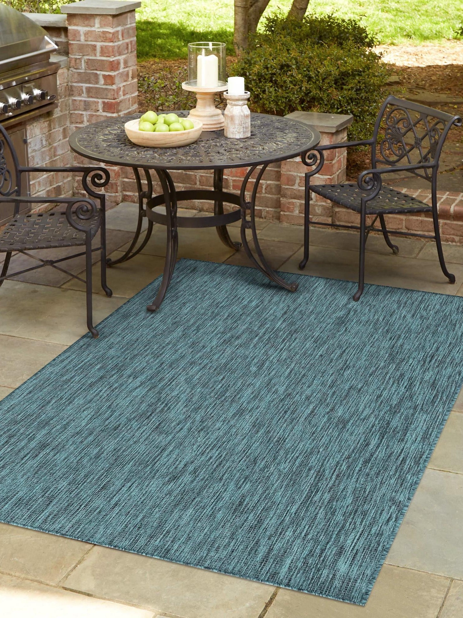 Teal 4' 1 x 6' 1 Outdoor Solid Rectangle Area Rug Weather Resistant for Patio, Deck, Terrace, Balcony, Porch 100% Polypropylene Minimalist Waterproof Carpet for Sale at Rug Engine