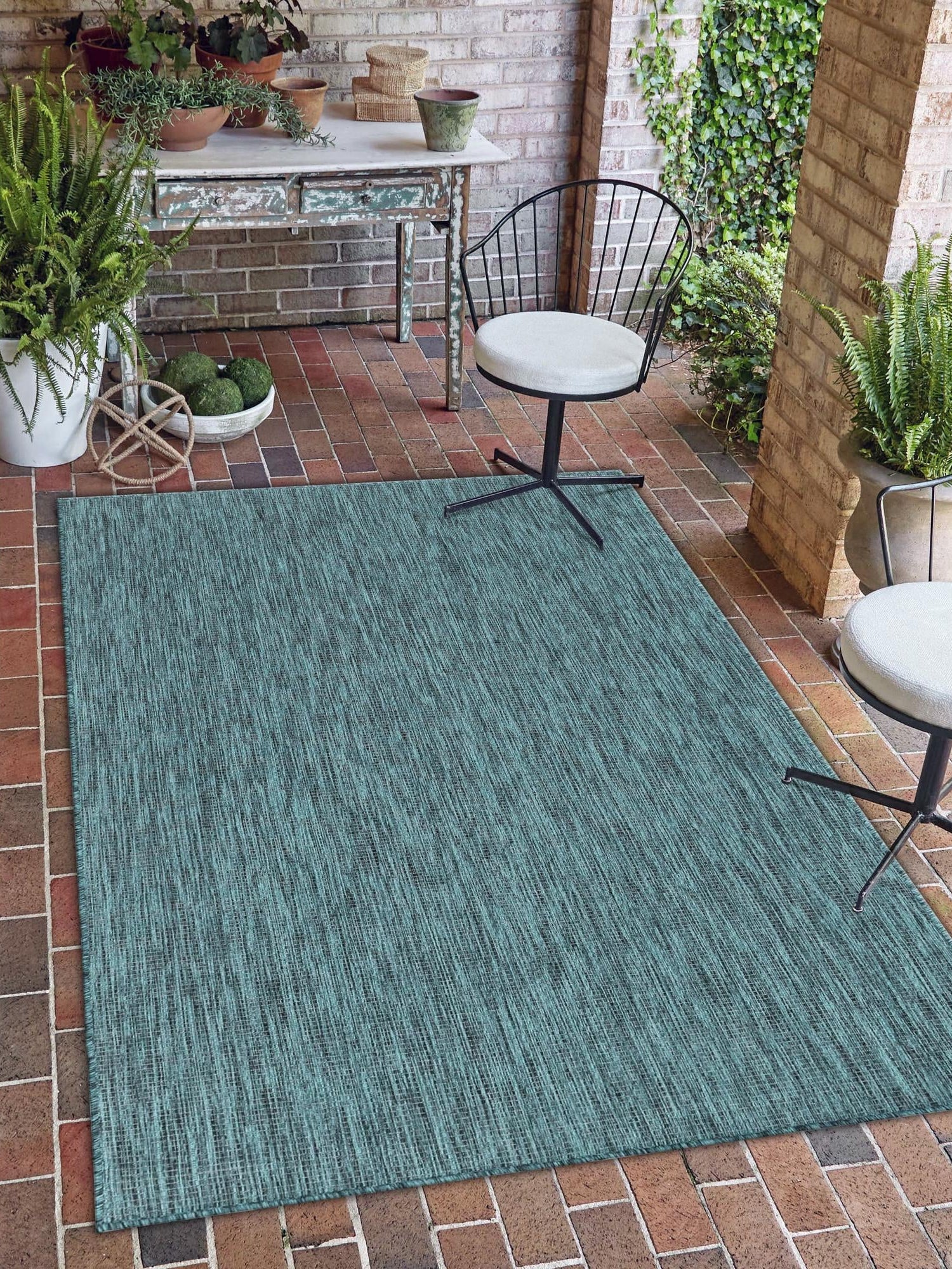 Teal 4' 1 x 6' 1 Outdoor Solid Rectangle Area Rug Weather Resistant for Patio, Deck, Terrace, Balcony, Porch 100% Polypropylene Minimalist Waterproof Carpet for Sale at Rug Engine