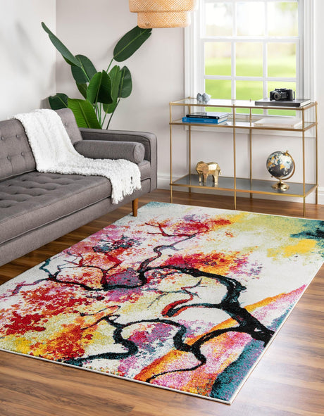 Ivory 5' 1 x 8' Lyon Rectangle Area Rug Vivid Colorful Abstract Modern 100% Polypropylene Carpet for Living Room, Dining, Office for Sale at Rug Engine