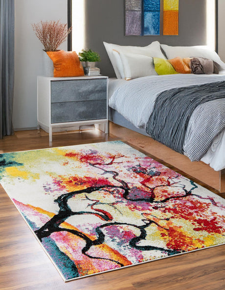 Ivory 9' x 12' 2 Lyon Rectangle Area Rug Vivid Colorful Abstract Modern 100% Polypropylene Carpet for Living Room, Dining, Office for Sale at Rug Engine