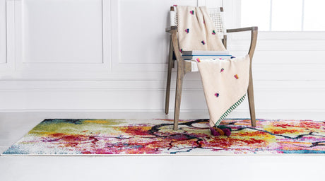 Ivory 2' x 6' 1 Lyon Runner Area Rug Vivid Colorful Abstract Modern 100% Polypropylene Carpet for Living Room, Dining, Office for Sale at Rug Engine
