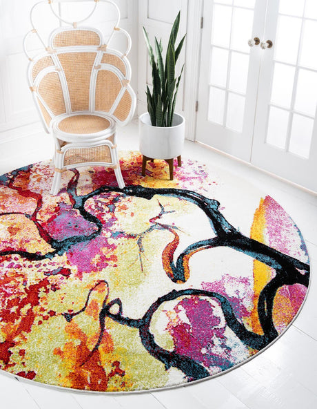 Ivory 8' x 8' Lyon Round Area Rug Vivid Colorful Abstract Modern 100% Polypropylene Carpet for Living Room, Dining, Office for Sale at Rug Engine