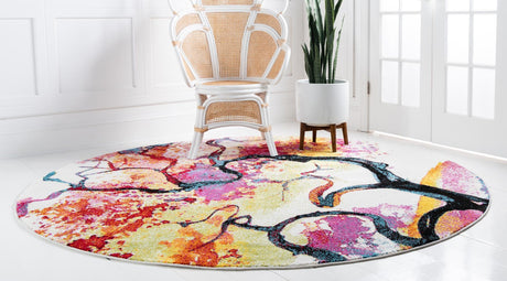 Ivory 8' x 8' Lyon Round Area Rug Vivid Colorful Abstract Modern 100% Polypropylene Carpet for Living Room, Dining, Office for Sale at Rug Engine