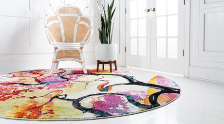 Ivory 8' x 8' Lyon Round Area Rug Vivid Colorful Abstract Modern 100% Polypropylene Carpet for Living Room, Dining, Office for Sale at Rug Engine