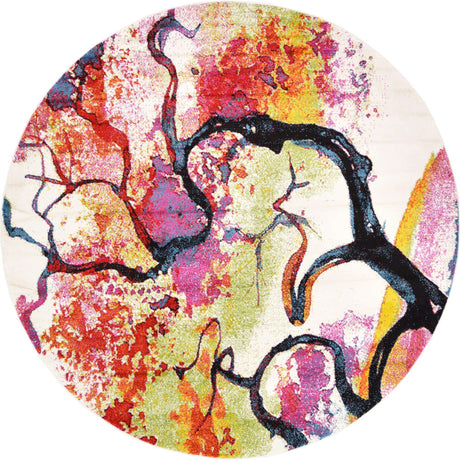 Ivory 8' x 8' Lyon Round Area Rug Vivid Colorful Abstract Modern 100% Polypropylene Carpet for Living Room, Dining, Office for Sale at Rug Engine