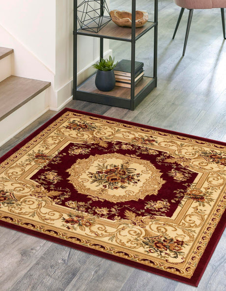 Red 5' 3 x 5' 3 Versailles Square Area Rug Classic Traditional Motif Indoor Carpet for Hallways, Dining Rooms, Bedrooms, Living Room, Office for Sale at Rug Engine