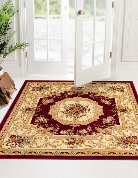 Red 7' 10 x 7' 10 Versailles Square Area Rug Classic Traditional Motif Indoor Carpet for Hallways, Dining Rooms, Bedrooms, Living Room, Office for Sale at Rug Engine