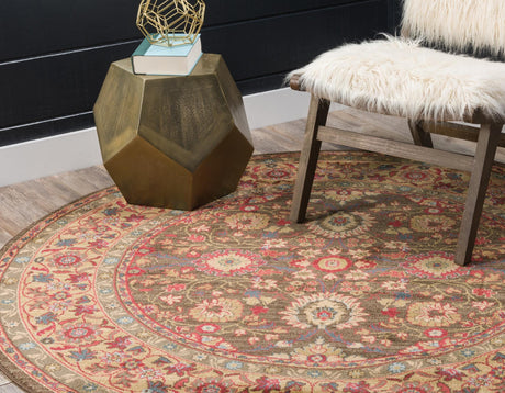 Light Brown 6' 1 x 6' 1 Edinburgh Round Area Rug 100% Polypropylene Easy Clean With Cotton Backing Traditional Classic Design Carpet for Living, Dining Room, Office for Sale at Rug Engine