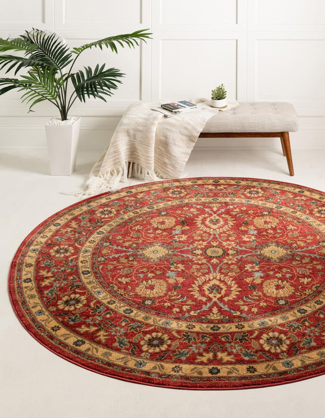 Red 8' x 8' Edinburgh Round Area Rug 100% Polypropylene Easy Clean With Cotton Backing Traditional Classic Design Carpet for Living, Dining Room, Office for Sale at Rug Engine