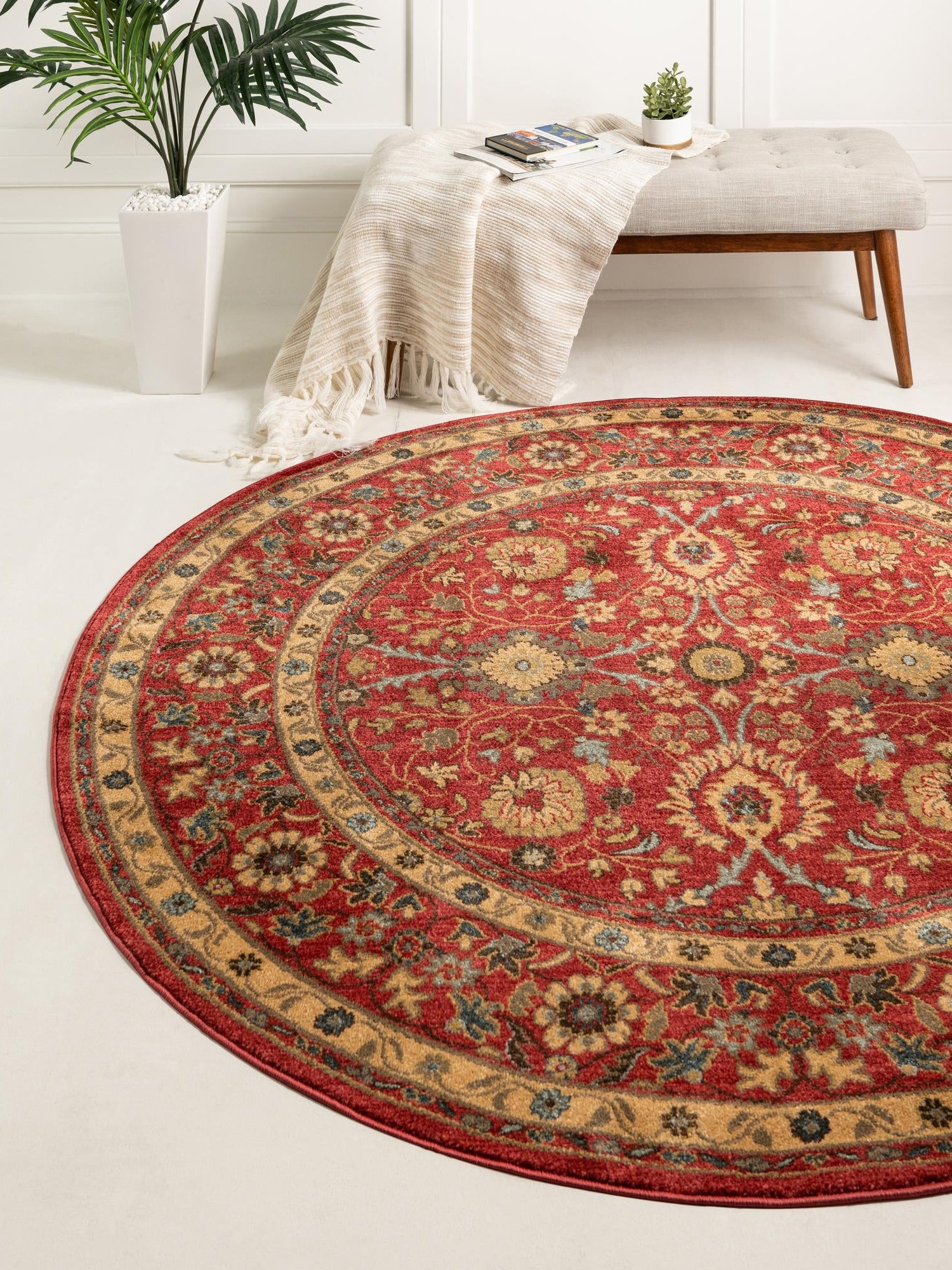Red 6' 1 x 6' 1 Edinburgh Round Area Rug 100% Polypropylene Easy Clean With Cotton Backing Traditional Classic Design Carpet for Living, Dining Room, Office for Sale at Rug Engine
