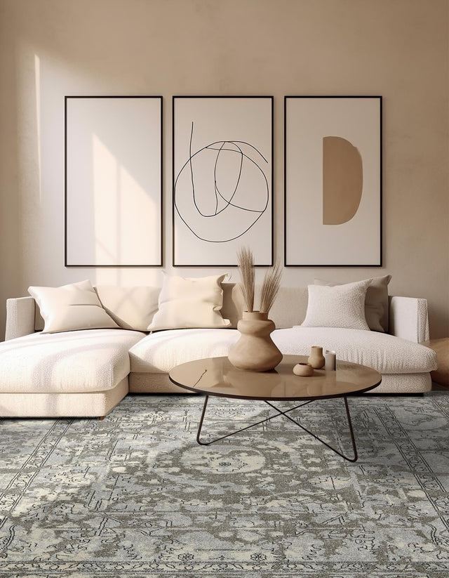 Gray 7' 10 x 7' 10 La Jolla Square Area Rug 100% Polypropylene Traditional Pattern Easy Clean Carpet for Living, Dining, Bedroom, Office for Sale at Rug Engine