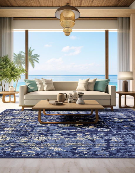 Blue 7' 10 x 7' 10 La Jolla Square Area Rug 100% Polypropylene Traditional Pattern Easy Clean Carpet for Living, Dining, Bedroom, Office for Sale at Rug Engine