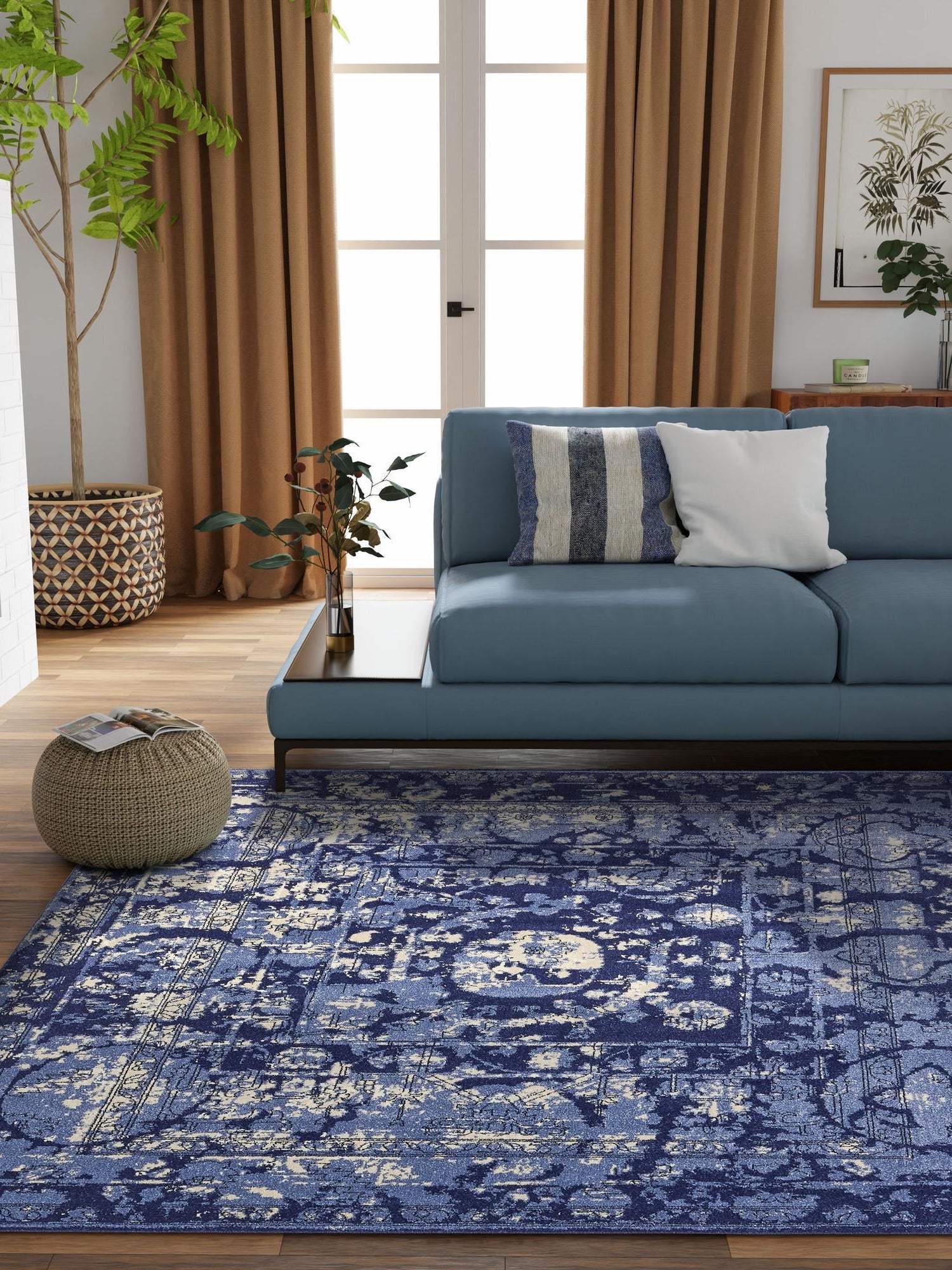 Blue 7' 10 x 7' 10 La Jolla Square Area Rug 100% Polypropylene Traditional Pattern Easy Clean Carpet for Living, Dining, Bedroom, Office for Sale at Rug Engine
