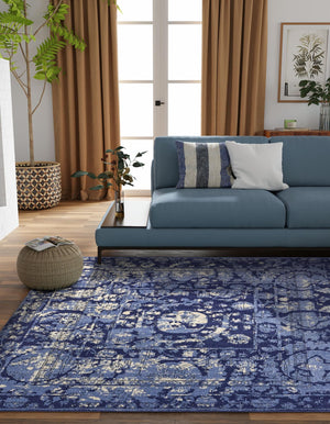 Blue 7' 10 x 7' 10 La Jolla Square Area Rug 100% Polypropylene Traditional Pattern Easy Clean Carpet for Living, Dining, Bedroom, Office for Sale at Rug Engine