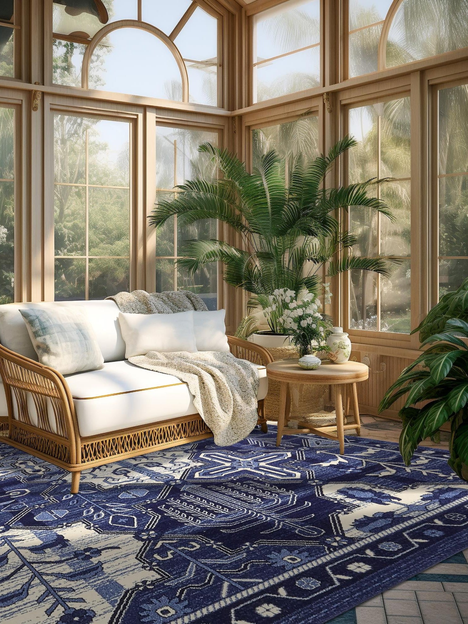 Blue 7' 10 x 7' 10 La Jolla Square Area Rug 100% Polypropylene Traditional Pattern Easy Clean Carpet for Living, Dining, Bedroom, Office for Sale at Rug Engine