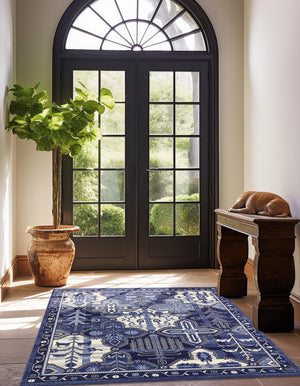 Blue 6' 1 x 6' 1 La Jolla Square Area Rug 100% Polypropylene Traditional Pattern Easy Clean Carpet for Living, Dining, Bedroom, Office for Sale at Rug Engine