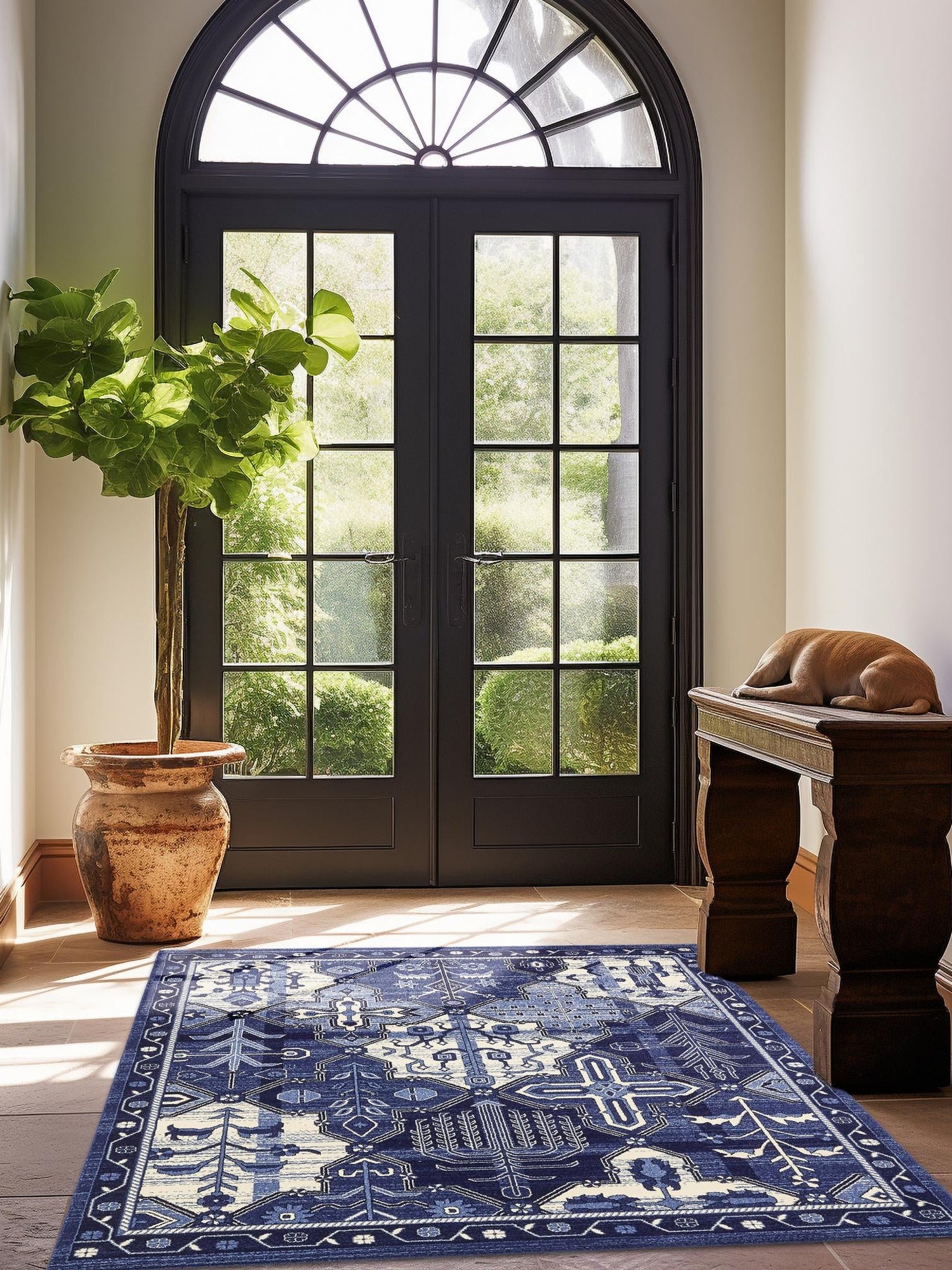 Blue 7' 10 x 7' 10 La Jolla Square Area Rug 100% Polypropylene Traditional Pattern Easy Clean Carpet for Living, Dining, Bedroom, Office for Sale at Rug Engine