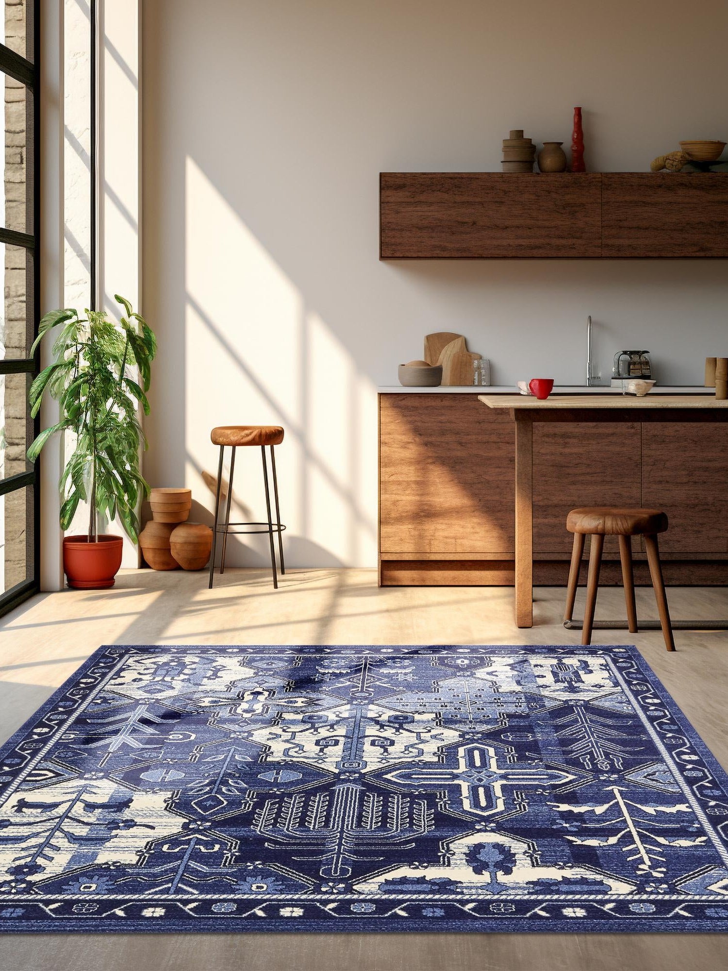 Blue 7' 10 x 7' 10 La Jolla Square Area Rug 100% Polypropylene Traditional Pattern Easy Clean Carpet for Living, Dining, Bedroom, Office for Sale at Rug Engine