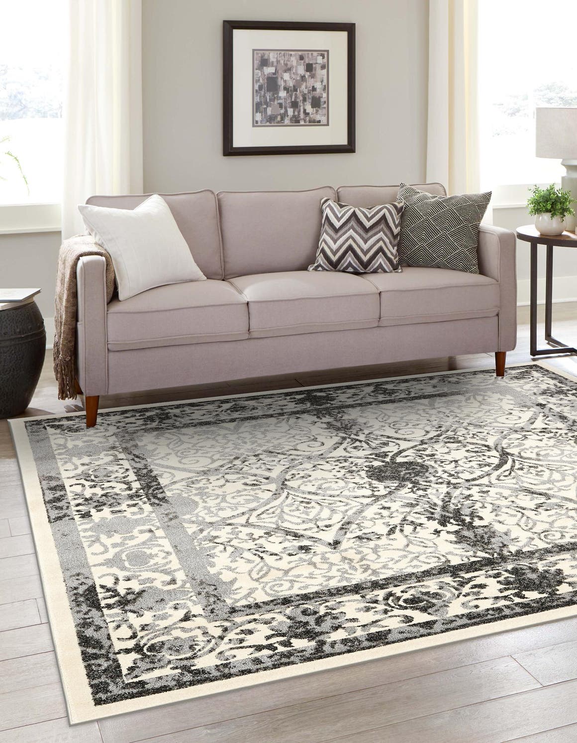 Ivory and Gray 10' x 10' La Jolla Square Area Rug 100% Polypropylene Traditional Pattern Easy Clean Carpet for Living, Dining, Bedroom, Office for Sale at Rug Engine