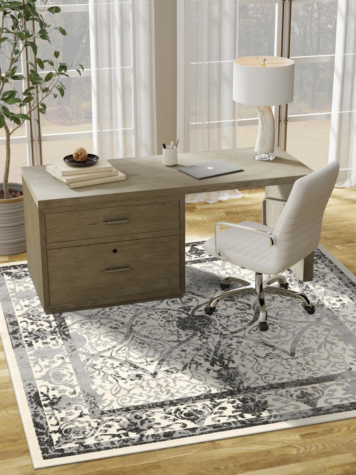 Ivory and Gray 10' x 10' La Jolla Square Area Rug 100% Polypropylene Traditional Pattern Easy Clean Carpet for Living, Dining, Bedroom, Office for Sale at Rug Engine